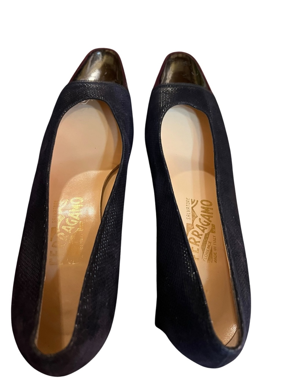 Salvatore Ferragamo Black Suede Flats with Metallic Cap Toe